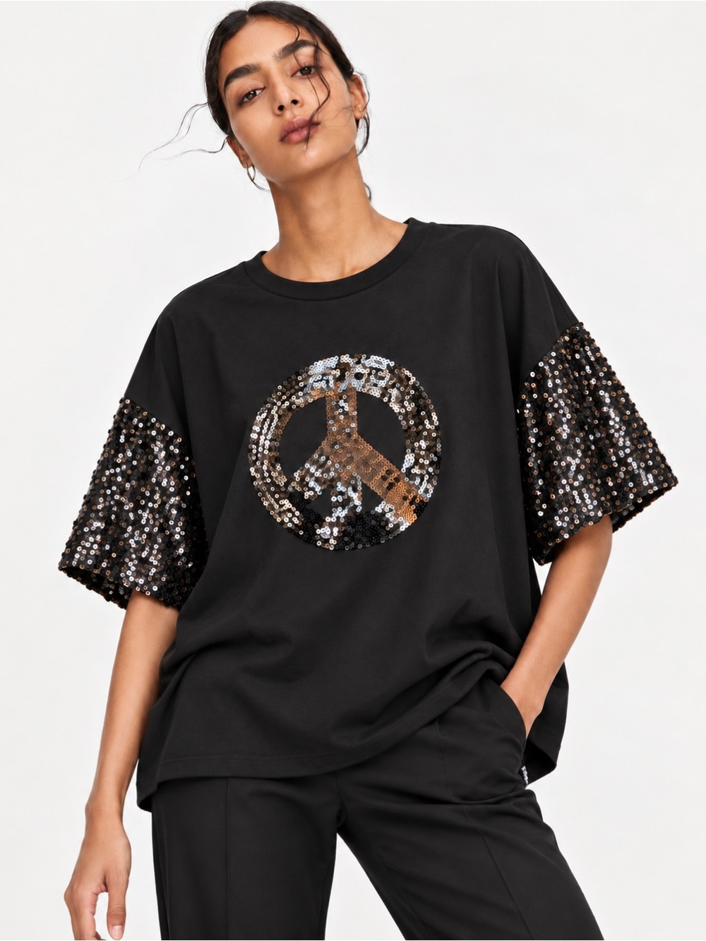 #129 Closeout Firm ❤️Black Sequin Peace Sign Puff Sleeve Top